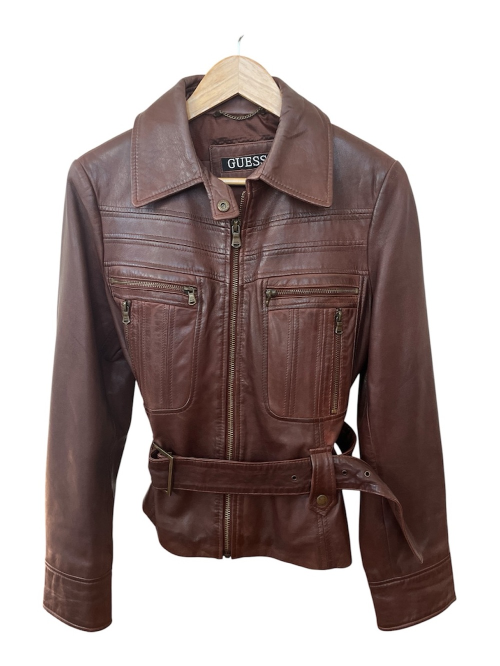 GUESS Brown Leather Zippered Belted Jacket